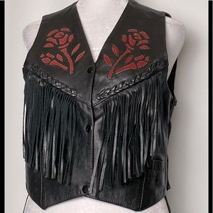Black Leather Fringe Vest with Red Accents